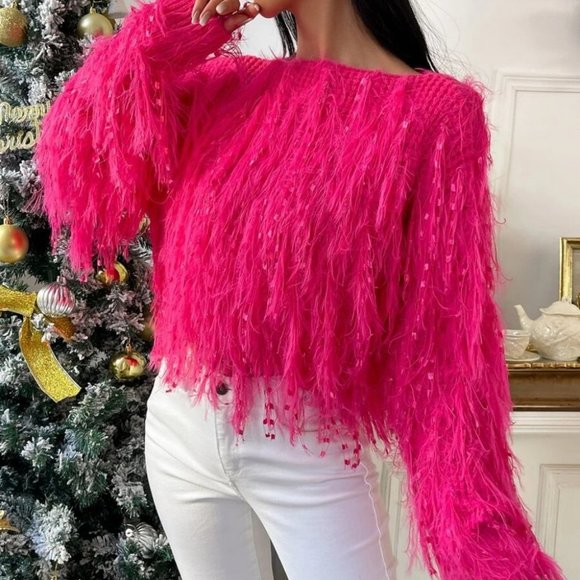 Statement maker! Barbie Fuzzy Fringe Crop knit Sweater top Pink - Picture 7 of 7